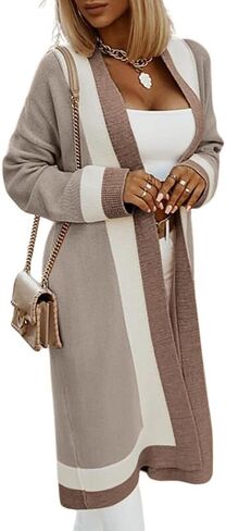 Women's Color Block Vertical Striped Cardigan Open Front Sweater Ribbed Knitted Long Coatigan Coat in Saudi Arabia