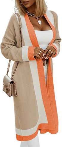 Women's Color Block Vertical Striped Cardigan Open Front Sweater Ribbed Knitted Long Coatigan Coat in Saudi Arabia