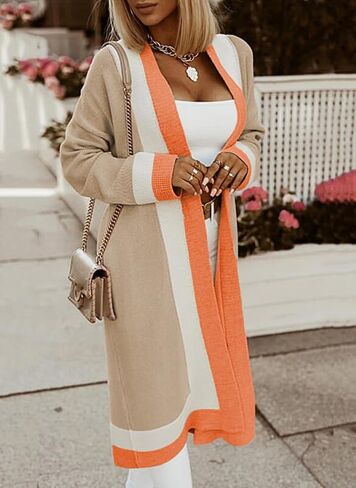 Women's Color Block Vertical Striped Cardigan Open Front Sweater Ribbed Knitted Long Coatigan Coat in Saudi Arabia