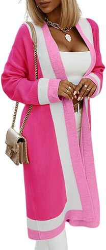 Women's Color Block Vertical Striped Cardigan Open Front Sweater Ribbed Knitted Long Coatigan Coat in Saudi Arabia