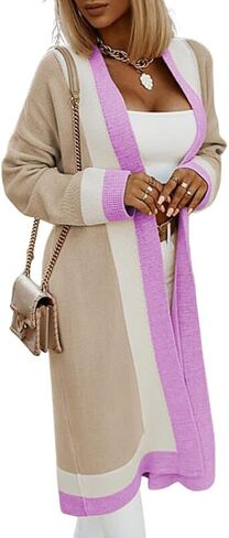 Women's Color Block Vertical Striped Cardigan Open Front Sweater Ribbed Knitted Long Coatigan Coat in Saudi Arabia