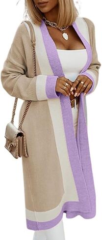 Women's Color Block Vertical Striped Cardigan Open Front Sweater Ribbed Knitted Long Coatigan Coat in Saudi Arabia