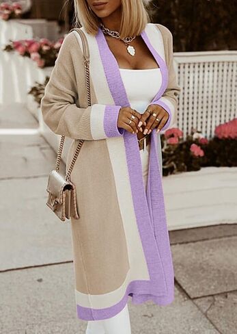 Women's Color Block Vertical Striped Cardigan Open Front Sweater Ribbed Knitted Long Coatigan Coat in Saudi Arabia