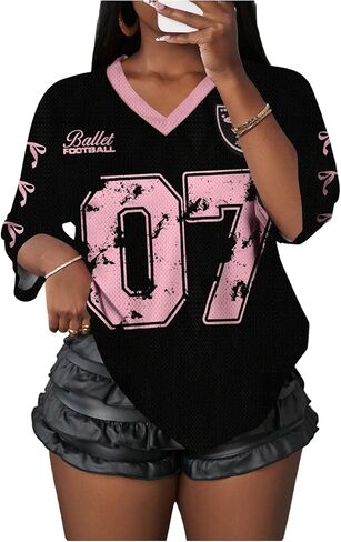 Women's Number Graphic Mesh Jersey Shirt V Neck 3/4 Sleeve Football Tee Tops Sportswear in Saudi Arabia