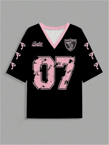 Women's Number Graphic Mesh Jersey Shirt V Neck 3/4 Sleeve Football Tee Tops Sportswear in Saudi Arabia