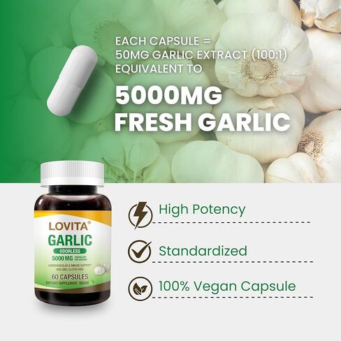 Lovita Odorless Garlic Extract, 50mg 100:1 Concentrate, High Potency, 1.25% Allicin, Gluten-Free, Supports Immune & Cardiovascular Health, 60 Vegan Capsules, 2 Month Supply in Kuwait