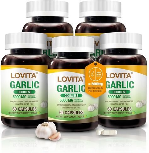 Lovita Odorless Garlic Extract, 50mg 100:1 Concentrate, High Potency, 1.25% Allicin, Gluten-Free, Supports Immune & Cardiovascular Health, 60 Vegan Capsules, 2 Month Supply in Kuwait