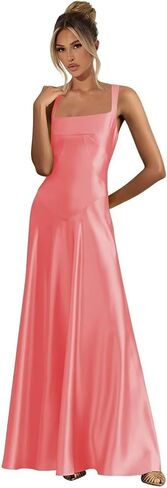 Spaghetti Straps Satin Bridesmaid Dresses for Women 2025 Long Square Neck Formal Evening Gown in Kuwait