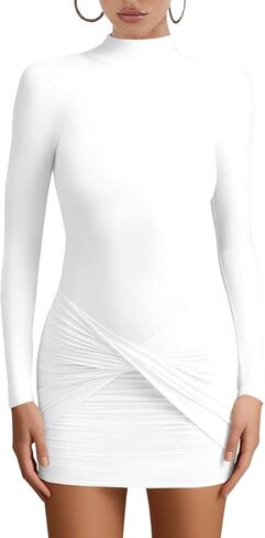 Women's Sexy Long Sleeve Turtleneck Bodycon Mini Dresses Ruched Party Short Dress in Saudi Arabia