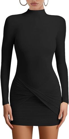 Women's Sexy Long Sleeve Turtleneck Bodycon Mini Dresses Ruched Party Short Dress in Saudi Arabia