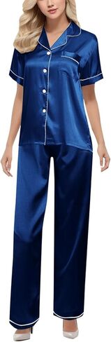 Two Piece Pajama Set For Women Button Down Silk Satin Button Down Pjs Short Sleeve Long Pants Sleepwear Lounge Wear in Saudi Arabia