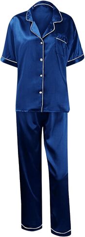 Two Piece Pajama Set For Women Button Down Silk Satin Button Down Pjs Short Sleeve Long Pants Sleepwear Lounge Wear in Saudi Arabia