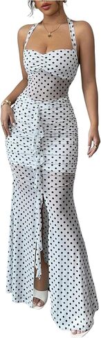 SOLY HUX Women's Polka Dots Mesh Bodycon Maxi Dress Halter Tie Back Split Fishtail Party Prom Dresses in Saudi Arabia