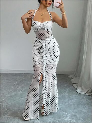 SOLY HUX Women's Polka Dots Mesh Bodycon Maxi Dress Halter Tie Back Split Fishtail Party Prom Dresses in Saudi Arabia