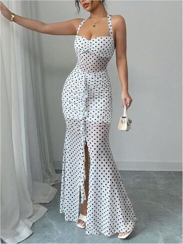 SOLY HUX Women's Polka Dots Mesh Bodycon Maxi Dress Halter Tie Back Split Fishtail Party Prom Dresses in Saudi Arabia