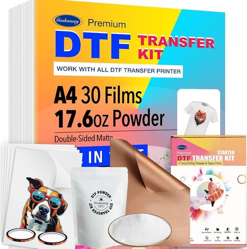 مجموعة DTF المتميزة لنقل القمصان والملابس مع مسحوق نقل 17.6 أونصة و30 قطعة من ورق نقل A4، مواد صديقة للبيئة بألوان زاهية، لأي طابعة تصعيد، أفكار على القمصان، مجموعة المبتدئين in Kuwait