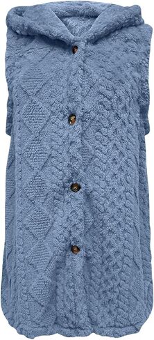 Fleece Vest Women Plus Size Sleeveless Fuzzy Sherpa Jacket with Hood Long Button Down Vests Warm Fall Fashion Outwear in Saudi Arabia
