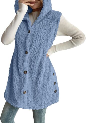 Fleece Vest Women Plus Size Sleeveless Fuzzy Sherpa Jacket with Hood Long Button Down Vests Warm Fall Fashion Outwear in Saudi Arabia