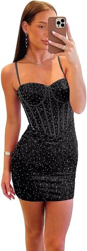 فساتين حفلات العودة للوطن مزينة بالترتر البسيط للمراهقين 2025 بأشرطة سباغيتي على شكل قلب قصير للحفلات الراقصة in Kuwait