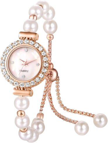Avaner Women's Bracelet Wrist Watches: Pearls Slim Strap Rosegold Analog Quartz Elegant Dress Watches in Saudi Arabia
