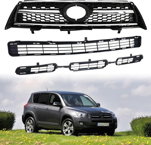 مجموعة شبكة المصد الأمامي متوافقة مع 2009-2012 Toyota RAV4 Base/Sport Model أسود مع تقليم الكروم ABS إدراج استبدال الشواية TO1200315/531010R010 in Kuwait