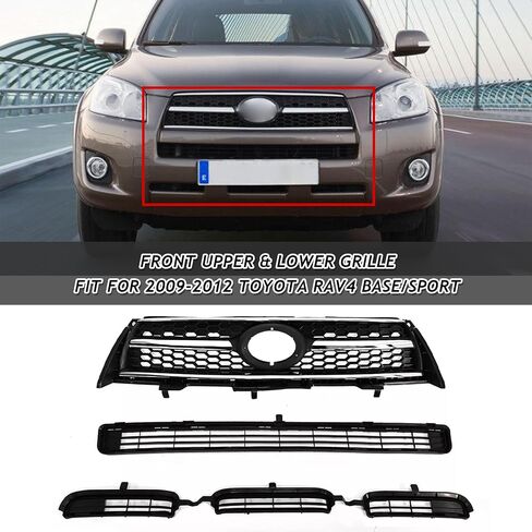 مجموعة شبكة المصد الأمامي متوافقة مع 2009-2012 Toyota RAV4 Base/Sport Model أسود مع تقليم الكروم ABS إدراج استبدال الشواية TO1200315/531010R010 in Kuwait