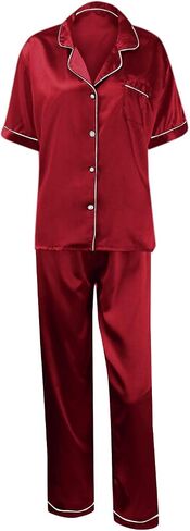 Two Piece Pajama Set For Women Button Down Silk Satin Button Down Pjs Short Sleeve Long Pants Sleepwear Lounge Wear in Saudi Arabia