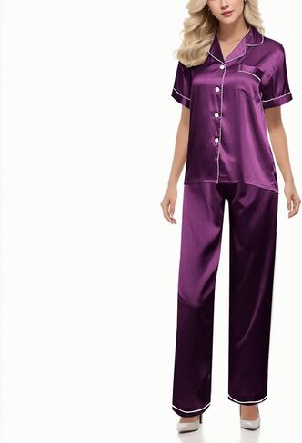 Two Piece Pajama Set For Women Button Down Silk Satin Button Down Pjs Short Sleeve Long Pants Sleepwear Lounge Wear in Saudi Arabia