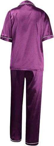 Two Piece Pajama Set For Women Button Down Silk Satin Button Down Pjs Short Sleeve Long Pants Sleepwear Lounge Wear in Saudi Arabia