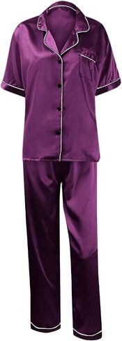 Two Piece Pajama Set For Women Button Down Silk Satin Button Down Pjs Short Sleeve Long Pants Sleepwear Lounge Wear in Saudi Arabia