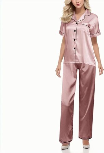 Two Piece Pajama Set For Women Button Down Silk Satin Button Down Pjs Short Sleeve Long Pants Sleepwear Lounge Wear in Saudi Arabia