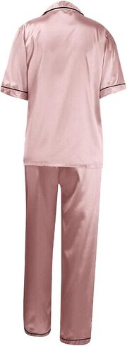 Two Piece Pajama Set For Women Button Down Silk Satin Button Down Pjs Short Sleeve Long Pants Sleepwear Lounge Wear in Saudi Arabia