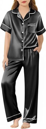 Arshiner Girls Pajamas Silk Satin Button Down Pjs 2 Piece Short Sleeve Sleepwear Set in Kuwait