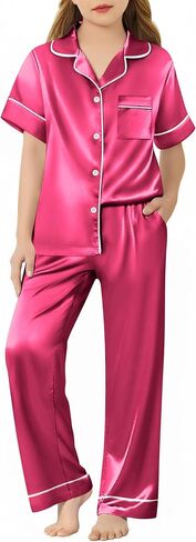Arshiner Girls Pajamas Silk Satin Button Down Pjs 2 قطعة قصيرة الأكمام in Kuwait