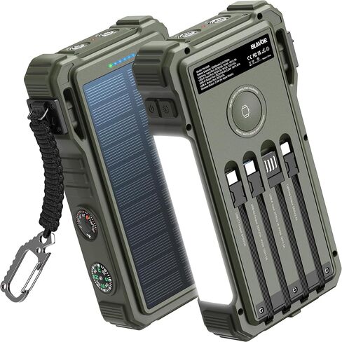 BLAVOR Solar Charger Power Bank 20000mAh Built in 4 Cables, 20W Fast Charging External Battery Pack with USB C, Camping Light, Flashlight, Carabiner for Cell Phones, Portable Charger for Apple Watch in Kuwait