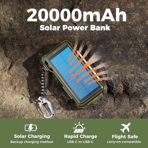 BLAVOR Solar Charger Power Bank 20000mAh Built in 4 Cables, 20W Fast Charging External Battery Pack with USB C, Camping Light, Flashlight, Carabiner for Cell Phones, Portable Charger for Apple Watch in Kuwait