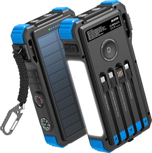 BLAVOR Solar Charger Power Bank 20000mAh Built in 4 Cables, 20W Fast Charging External Battery Pack with USB C, Camping Light, Flashlight, Carabiner for Cell Phones, Portable Charger for Apple Watch in Kuwait