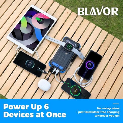 BLAVOR Solar Charger Power Bank 20000mAh Built in 4 Cables, 20W Fast Charging External Battery Pack with USB C, Camping Light, Flashlight, Carabiner for Cell Phones, Portable Charger for Apple Watch in Kuwait