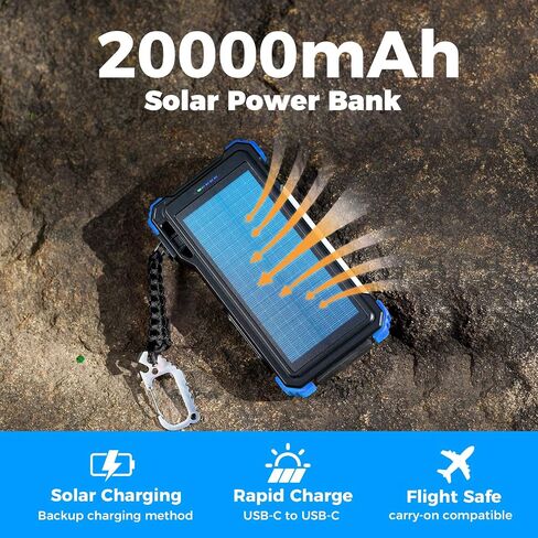 BLAVOR Solar Charger Power Bank 20000mAh Built in 4 Cables, 20W Fast Charging External Battery Pack with USB C, Camping Light, Flashlight, Carabiner for Cell Phones, Portable Charger for Apple Watch in Kuwait