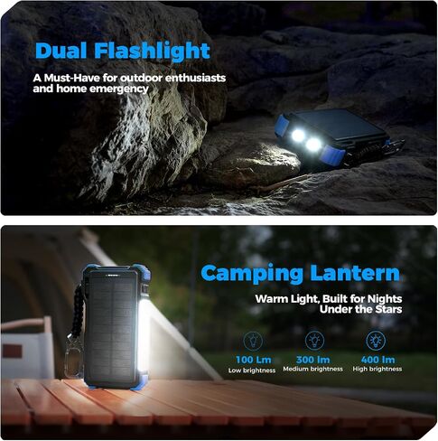 BLAVOR Solar Charger Power Bank 20000mAh Built in 4 Cables, 20W Fast Charging External Battery Pack with USB C, Camping Light, Flashlight, Carabiner for Cell Phones, Portable Charger for Apple Watch in Kuwait