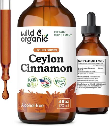 Wild & Organic Ceylon Cinnamon Tincture 500 ملغ - مكملات القرفة السائلة للدعم الكلي - Cinnamomum Verum Bark Extract - نباتي ، خالي من الكحول ، غير المعدلة وراثيًا - 4 أوقية in Kuwait