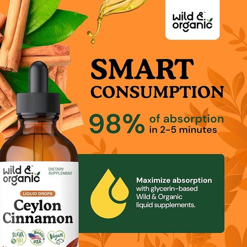 Wild & Organic Ceylon Cinnamon Tincture 500 ملغ - مكملات القرفة السائلة للدعم الكلي - Cinnamomum Verum Bark Extract - نباتي ، خالي من الكحول ، غير المعدلة وراثيًا - 4 أوقية in Kuwait