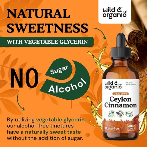 Wild & Organic Ceylon Cinnamon Tincture 500 ملغ - مكملات القرفة السائلة للدعم الكلي - Cinnamomum Verum Bark Extract - نباتي ، خالي من الكحول ، غير المعدلة وراثيًا - 4 أوقية in Kuwait