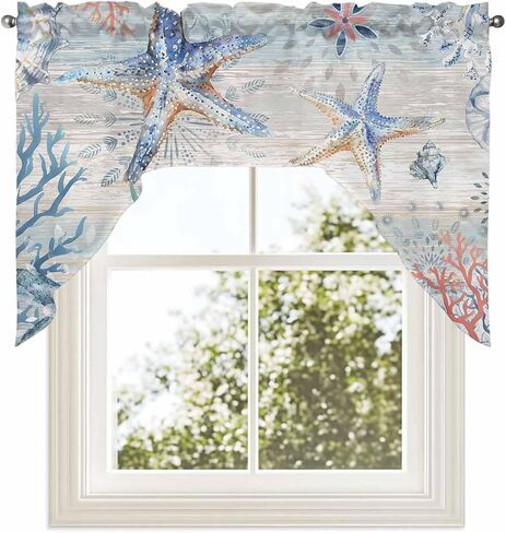 نجم البحر الساحلي المطبخ غنيمة الستارة للنافذة، قضيب جيب أزرق بحري شاطئ قصير ستائر المطبخ 36 بوصة طول، الصيف المحيط غنيمة توبر المرجان صدف نافذة صغيرة علاج للمقهى الحمام in Kuwait