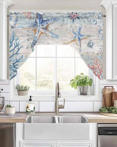 نجم البحر الساحلي المطبخ غنيمة الستارة للنافذة، قضيب جيب أزرق بحري شاطئ قصير ستائر المطبخ 36 بوصة طول، الصيف المحيط غنيمة توبر المرجان صدف نافذة صغيرة علاج للمقهى الحمام in Kuwait