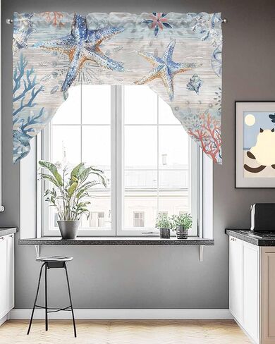 نجم البحر الساحلي المطبخ غنيمة الستارة للنافذة، قضيب جيب أزرق بحري شاطئ قصير ستائر المطبخ 36 بوصة طول، الصيف المحيط غنيمة توبر المرجان صدف نافذة صغيرة علاج للمقهى الحمام in Kuwait