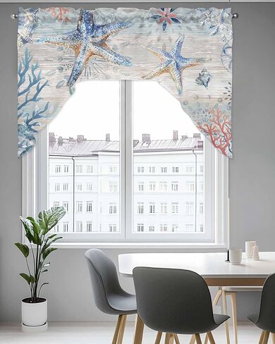 نجم البحر الساحلي المطبخ غنيمة الستارة للنافذة، قضيب جيب أزرق بحري شاطئ قصير ستائر المطبخ 36 بوصة طول، الصيف المحيط غنيمة توبر المرجان صدف نافذة صغيرة علاج للمقهى الحمام in Kuwait