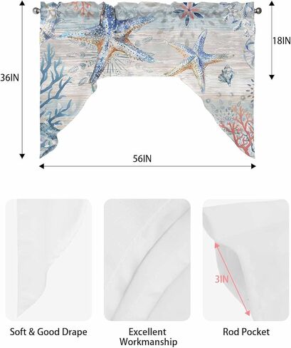 نجم البحر الساحلي المطبخ غنيمة الستارة للنافذة، قضيب جيب أزرق بحري شاطئ قصير ستائر المطبخ 36 بوصة طول، الصيف المحيط غنيمة توبر المرجان صدف نافذة صغيرة علاج للمقهى الحمام in Kuwait