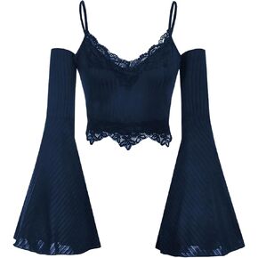SOLY HUX Women's Goth Y2k Lace Trim Cold Shoulder Bell Long Sleeve Crop Tops in Saudi Arabia