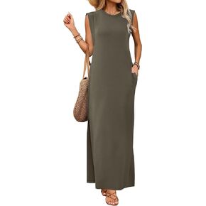 فساتين ماكسي للنساء برقبة دائرية بدون أكمام كاجوال فضفاض وفتحة طويلة للشاطئ فستان صيفي 2025 مع جيوب in Kuwait